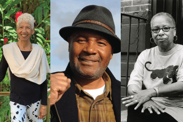 From felt to right: Ericka Huggins, Emory Douglas, Barbara Easley-Cox