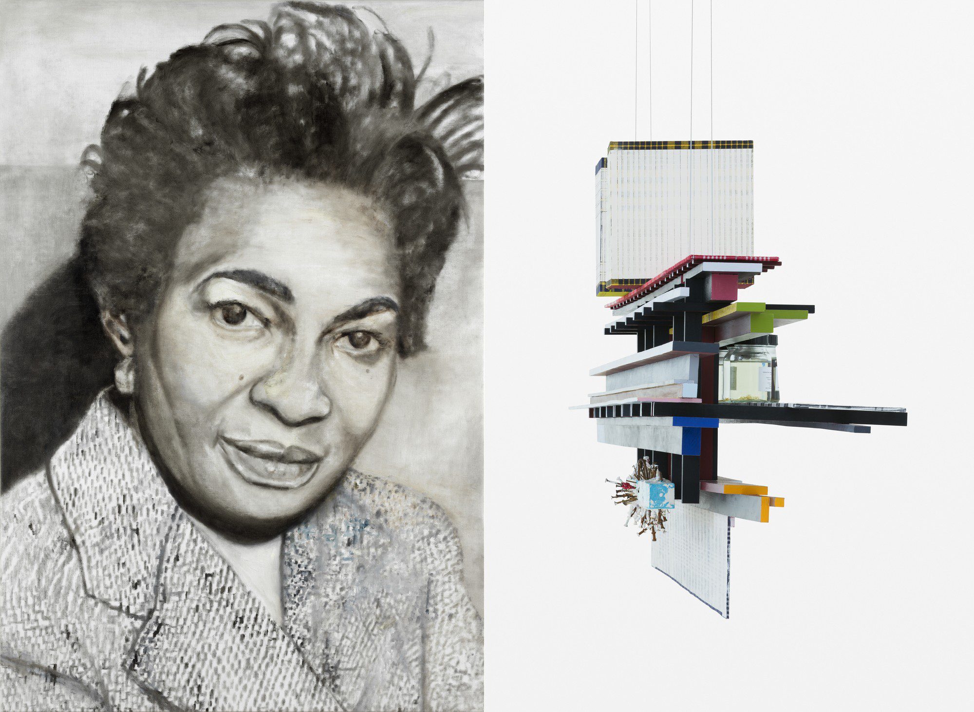 Iris Kensmil, The New Utopia Begins Here: Claudia Jones, 2018. Oil on canvas, 155 x 115 cm. Photo: Gert Jan van Rooij. Remy Jungerman, Horizontal Obeah GEENGESITONU (detail), 2018. Painted wood, cotton textile, kaolin, yarn and nails, 285 x 90 x 30 cm. Photo: Gerrit Schreurs