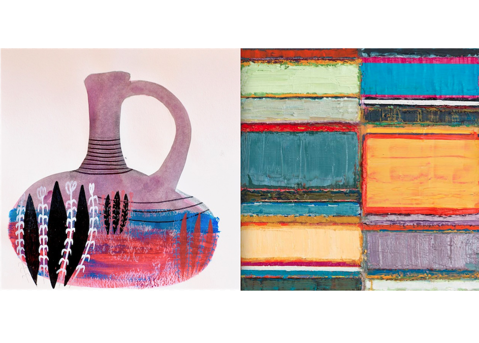 (left) Robel Temesgen, Untitled, 2019. Ink, Acrylic, Permanent Marker, Pencil, Tippex, Ink pen on Paper. (right)  Tegene Kunbi, Untitled, 2018. Acrylic paint on canvas. Both courtesy the artist.