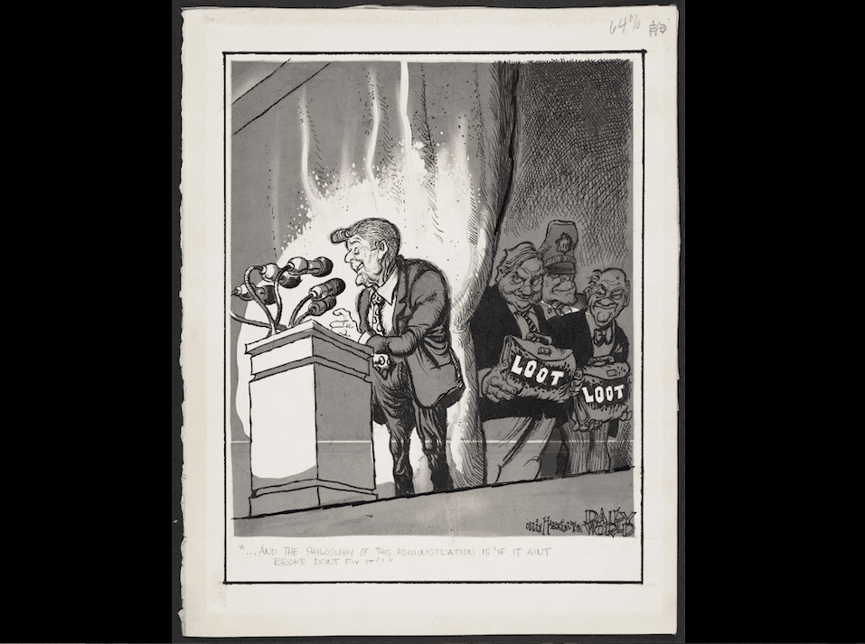 Oliver Harrington, ... And the philosophy of this administration is if it aint broke dont fix it, 1980s. Benday, ink, paper, blue pencil. Courtesy of Dr. Helma Harrington; The Ohio State University, Billy Ireland Cartoon Library and Museum