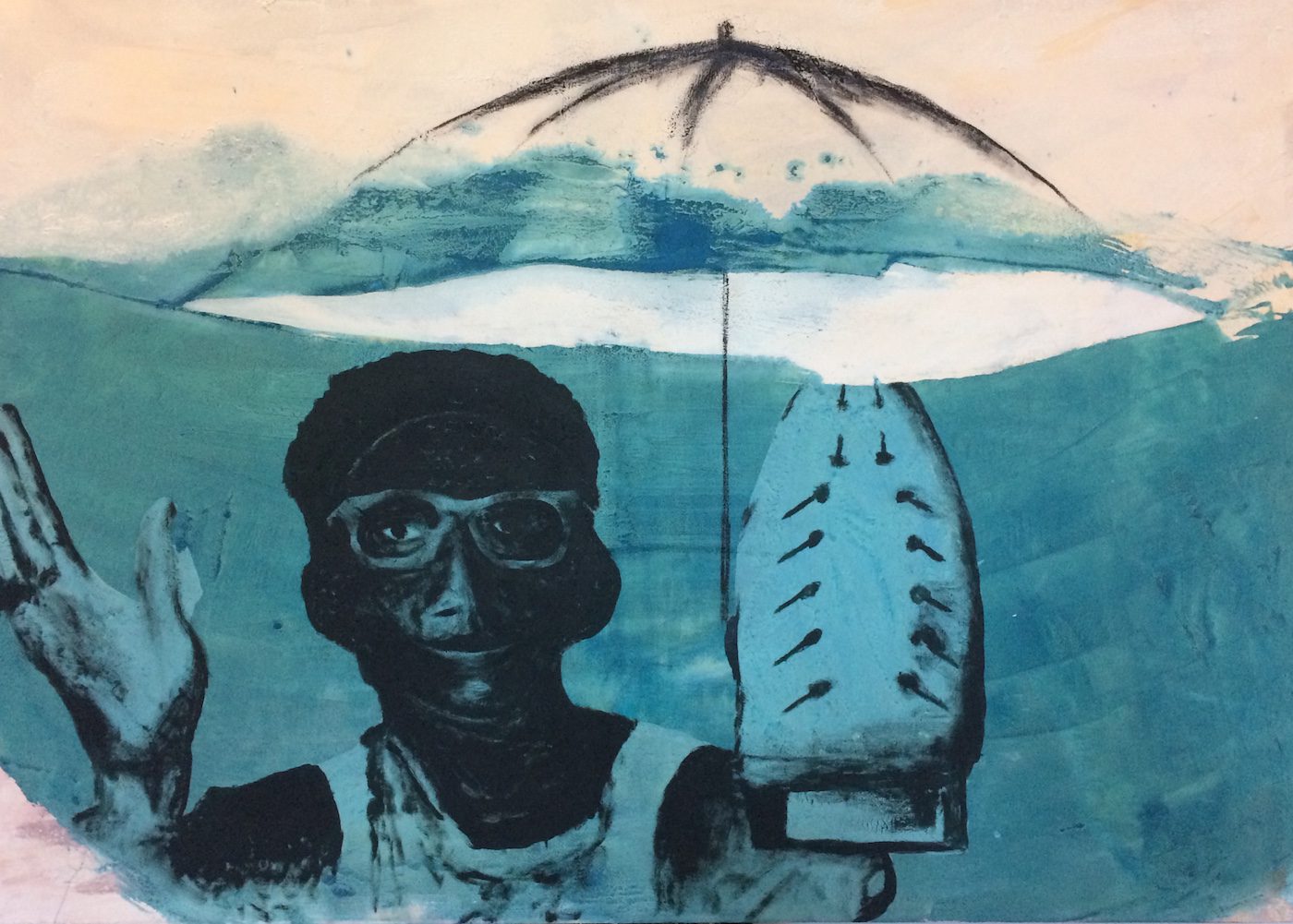 Daniel Kojo Schrade, Afronaut 3-19, 2019. Oil, acrylic, charcoal on canvas 50 x 70 inches. Courtesy the artist.
