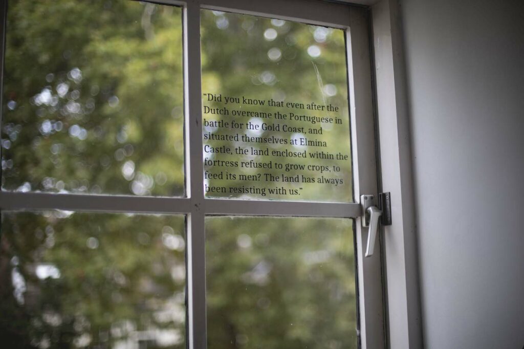 Ama Josephine Budge, The Waters that Move Within Me (detail), text, audio, rope, tree trunks, paper, 2019. Installation view Het is of de stenen spreken (silence is a commons), Casco Art Institute: Working for the Commons, 2019. Photo: Martha Stroo
