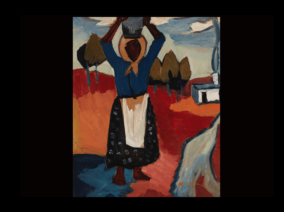 Maggie Laubser, Born 1886, Malmesbury, Western Cape. Died 1973, Strand, Western Cape, Original title: Wasmeidjie on farm Oordmanspos, Changed to: Washerwoman on a farm in Oortmanspoort, Oil on board1925