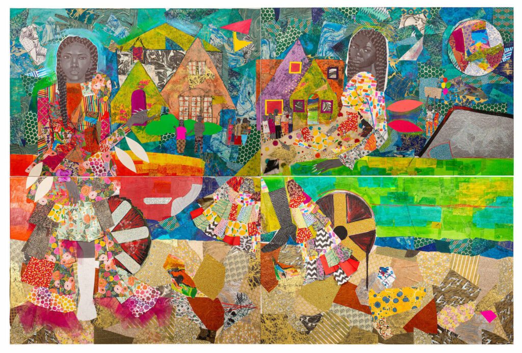 Jamea Richmond - Edwards,Fly Whips and Fly Girls, 2019. 8x12 ft. Ink, acrylic, colored pencil, fabric, glitter, rhinestones and mixed media. Image courtesy of the artist.