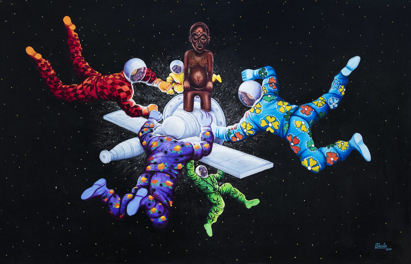 Ata Ndele Mokili (Tôt ou tard le monde changera). Monsengo Shula, 2014, Acryl und Pailletten auf Leinwand, 130 x 200 cm. Sammlung Henri und Farida Seydoux