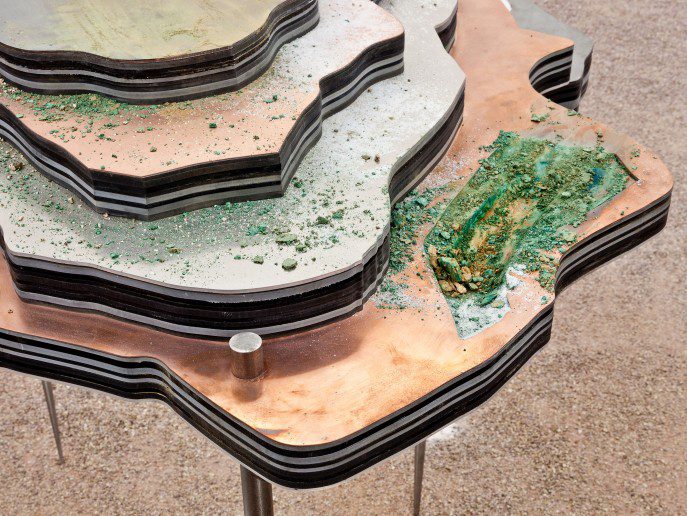 Otobong Nkanga, Solid Maneuvers, 2015. Various metals, Forex, acrylic, tar, salt, make-up, vermiculite, Dimensions variable
Installation view Crumbling Through Powdery Air, Portikus, 2015, Photo: Helena Schlichting, courtesy: Portikus