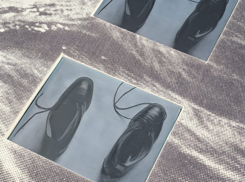 Lorna Simpson, in collaboration with The Fabric Workshop and Museum, Standing in the water, (detail), 1994. Pigment on wool felt, etched glass, video monitors, and audio track. Three panels: 1 1/2 x 172 x 52 inches (3.81 x 436.88 x 132.08 cm) each. Photo credit: Aaron Igler.
