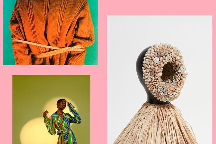 Clockwise: Bruce Nauman, Bound to Fail (from the portfolio Eleven Color Photographs), 1966–67/1970/2007. Ink–jet print exhibition copy (originally chromogenic development print). Image: 19 7/8 × 23 5/8 in. (50.5 × 60 cm). Collection Museum of Contemporary Art Chicago, Gerald S. Elliott Collection, 1994.11.h © 2019 Bruce Nauman/Artists Rights Society (ARS), New York. Photo: Nathan Keay, © MCA Chicago. Simone Leigh, No Face (House), 2017. Photo: © Simone Leigh; courtesy of the artist and Luhring Augustine, New York. Duro Olowu, Spring/Summer 2020, Look 7. Photo: Christina Ebenezer