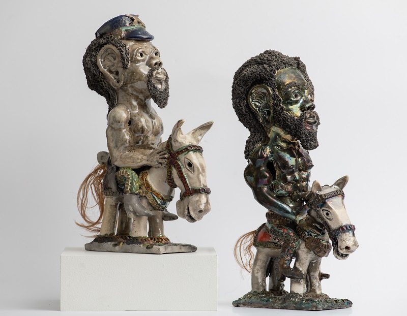 (left) Akinsanya Kambon, John Randall, Buffalo Soldier, 2012. Raku-fired clay, 15 1/2 x 4 x 9 1/2 in. Crocker Art Museum, long-term loan from Akinsanya D. Kambon aka Mark Teemer.
(right) Akinsanya Kambon, Equestrian Black Sampson, 2012. Raku-fired clay, 16 1/2 x 5 1/4 x 10 in. Crocker Art Museum, gift of S. Tama-sha Ross Kambon and Akinsanya D. Kambon aka Mark Teemer, 2018.5.