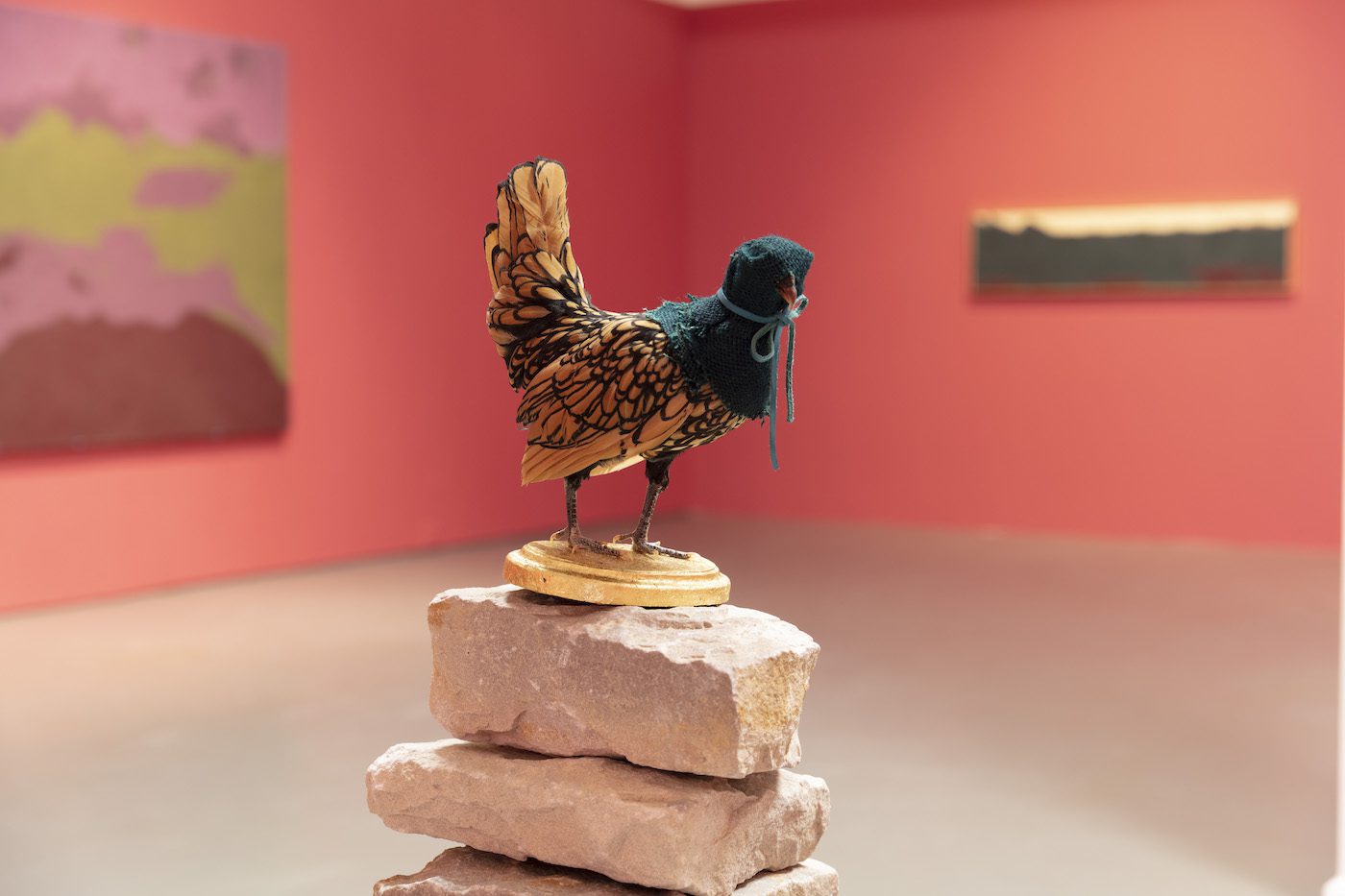 Mawande Ka Zenzile, Installation view of Udludlilali, Table-turning, 2020. Taxidermied chicken, wood, hessian, leather and stone, 124 x 30 x 40cm. Courtesy of Stevenson.