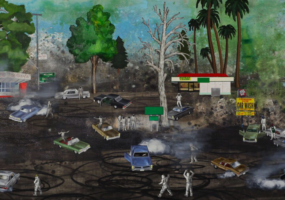 David Huffman, Sideshow, 2009. Acrylic, oil, glitter, collage on paper, 52 x 120 inches. Courtesy of the artist.
