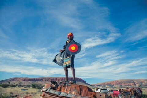 Tony Albert, David C Collins and Kieran Lawson 'Warakurna Superheroes #1', 2017. Archival pigment print on paper, 100 x 150 cm. Courtesy of Sullivan+Strumpf