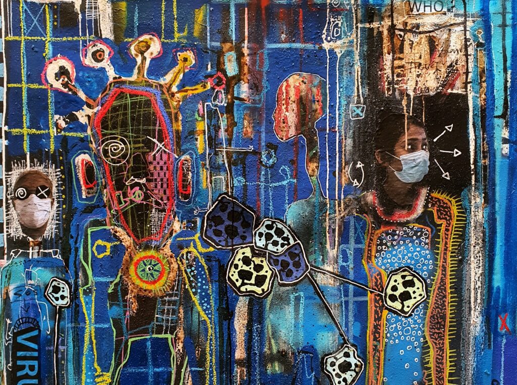 Turay, Mederic, Covid-19 (Detail), 2020. 100 cm x 100 cm. Mixed media on canvas
