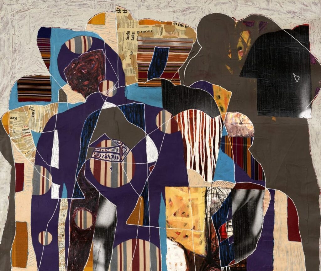 Collin Sekajugo, The Generator (Detail), 2017. Fabric, barkcloth, photo print material embroidery on canvas
