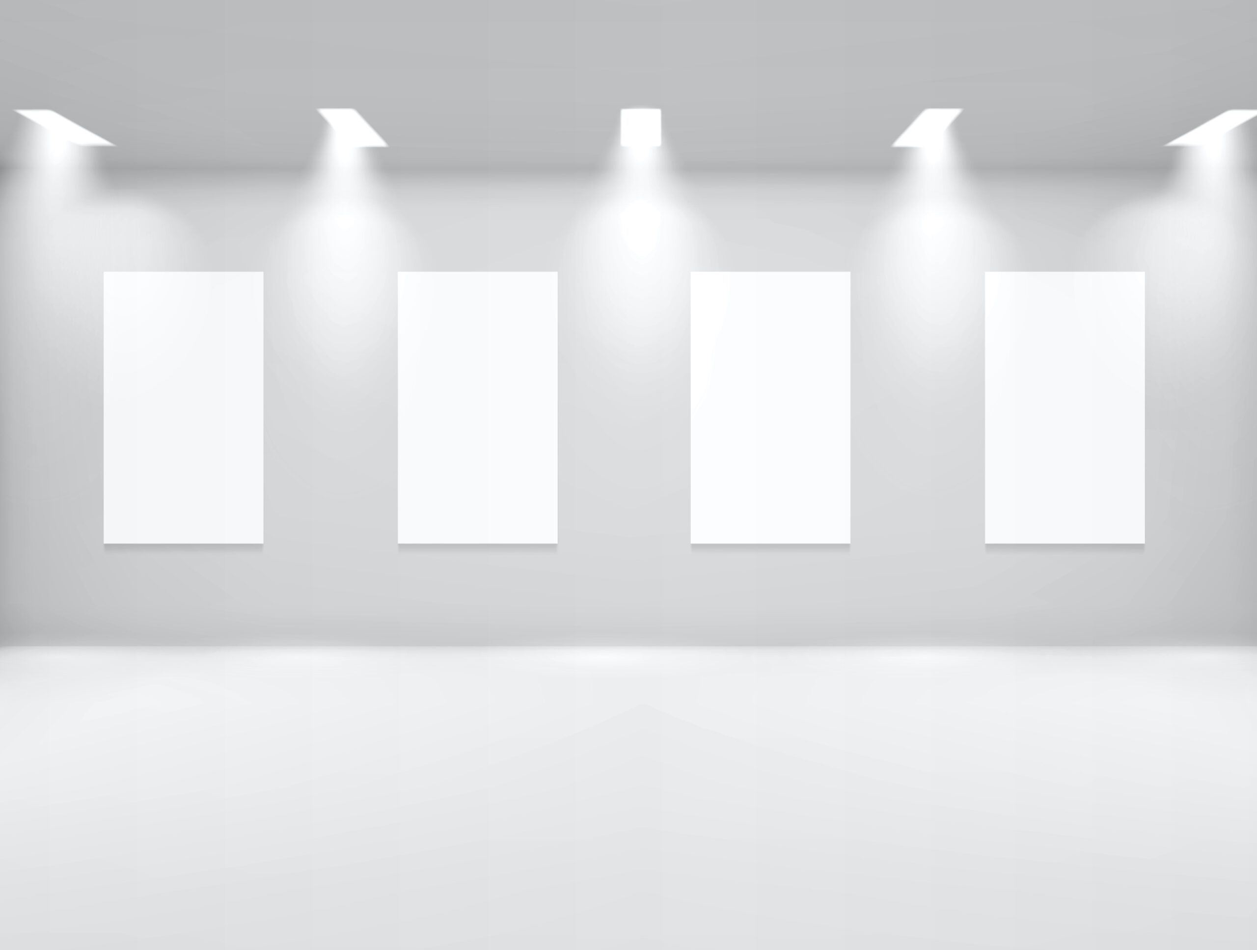 Art gallery empty 3d room with white walls, illumination lamps and blank banners hang around perimeter. Museum interior for presentation, photography contest exhibition hall, Realistic vector mock up