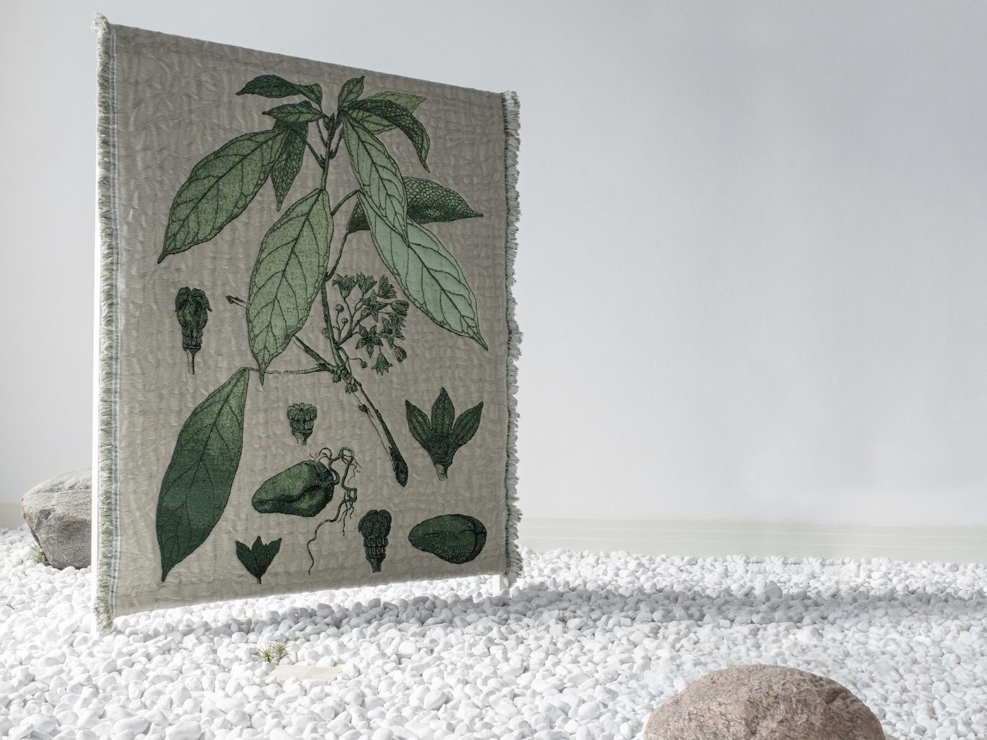 Otobong Nkanga, Taste of a Stone, 2020. Site-specific installation, boulders, gneiss, granite, iceland lichen, inkjet prints on limestone, marble pebbles, movements, plants
Installation view Otobong Nkanga: There's No Such Thing as Solid Ground, Gropius Bau, Berlin, 2020. © Otobong Nkanga, photo: Luca Giradini