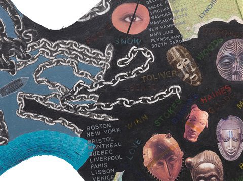 Howardena Pindell, Slavery Memorial: Lash (detail), 1998 – 99. Mixed media on canvas. 55 ¼ x 136 ½ inches. Private collection.
