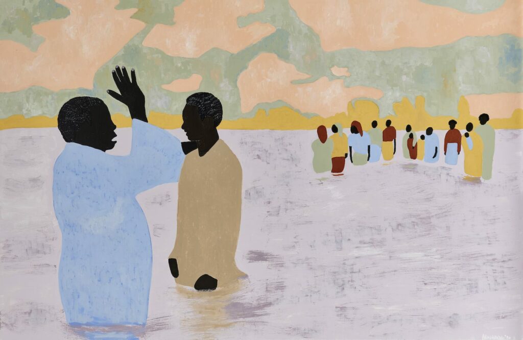 Cassi Namoda, To Live Long Is To See Much (Ritual Bathers III), 2020. Oil and acrylic on cotton poly Work: 152.4 x 233.7 x 3.2 cm Unique
Edition of