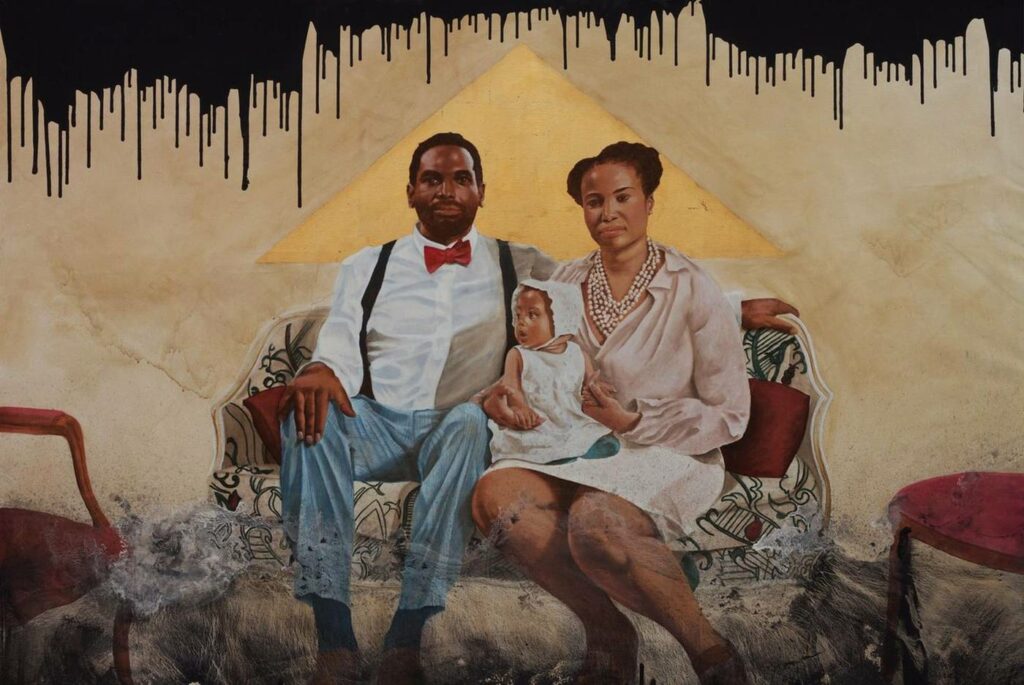 Ajamu Kojo, Black Blood, No.1: In the spirit of John, Loula & Joanna Williams family, Entrepreneurs (2017)
Mischtechnik on linen canvas
72 x 96 x 4 in.
182.9 x 243.8 x 10.2 cm