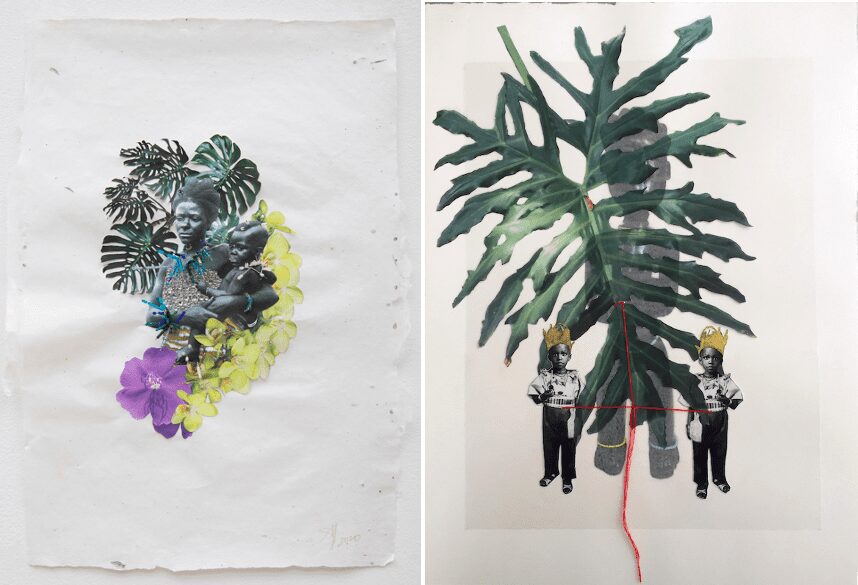 (left) 1.	Andrea Chung, Colostrum, 2020, rhinestones, glass beads, needles on paper, collage, rhinestones, glass beads, needles on paper, 16’’ x 20’’. (right) 1.	Andrea Chung, Colostrum, 2020, rhinestones, glass beads, needles on paper, collage, rhinestones, glass beads, needles on paper, 16’’ x 20’’. Courtesy Centre[3].