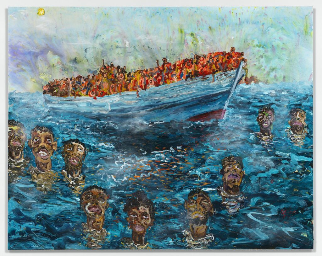 Ludovic Nkoth, Lighthouse, 2020, acrylic on Belgium Linen, 198.1x248.9 cm (78x98 inches), Courtesy the artist and Luce Gallery, Turin