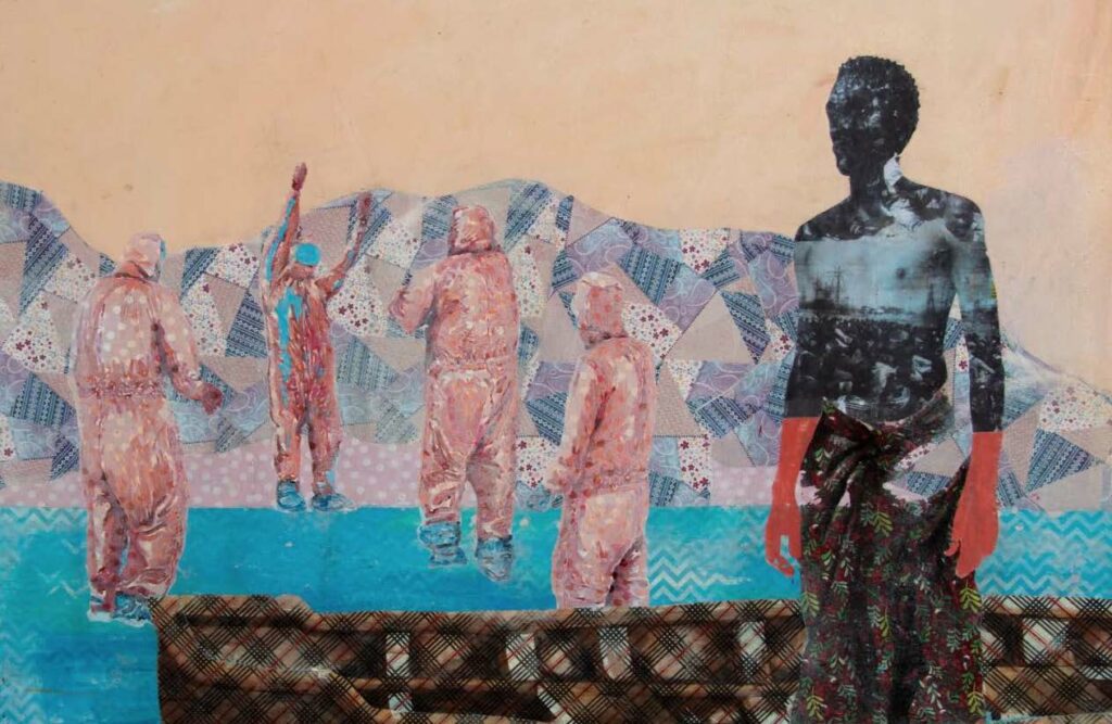 Phumulani Ntuli, Swaving through portholes (detail), 2021, Mixed media collage on canvas © Phumulani Ntuli