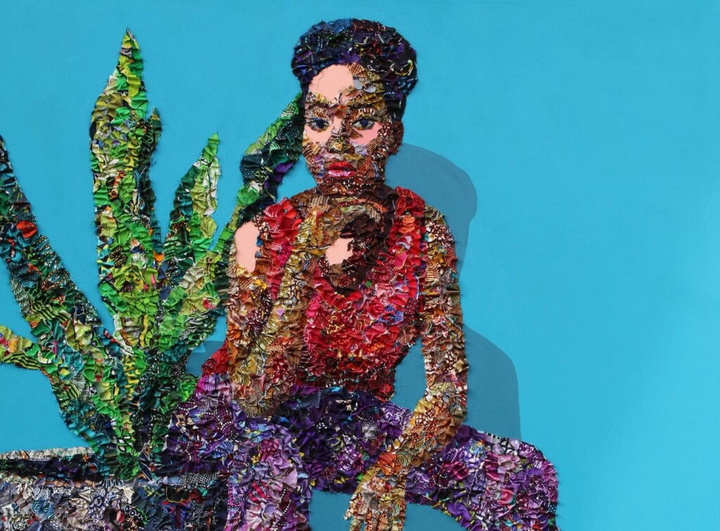 Marcellina Akpojotor, Set to Flourish II, 2021. Fabric and acrylic on canvas, Courtesy of the artist and Rele Art
Gallery, Lagos, Nigeria