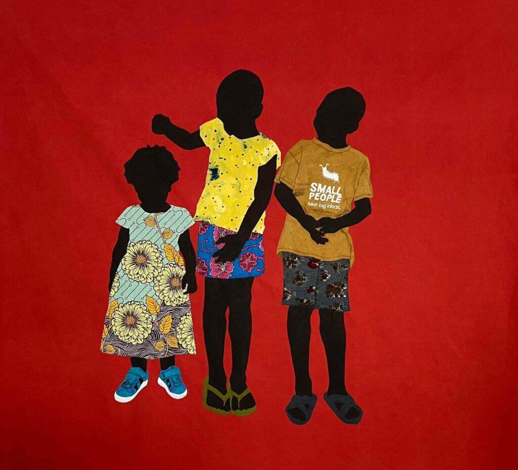 Raphael Adjetey Adjei Mayne, SMALL PEOPLE HAVE BIG IDEAS, 2021. Acrylic and African wax print on canvas, 205 x 219 cm, 80 2/3 x 86 1/4 in unframed, unstretched