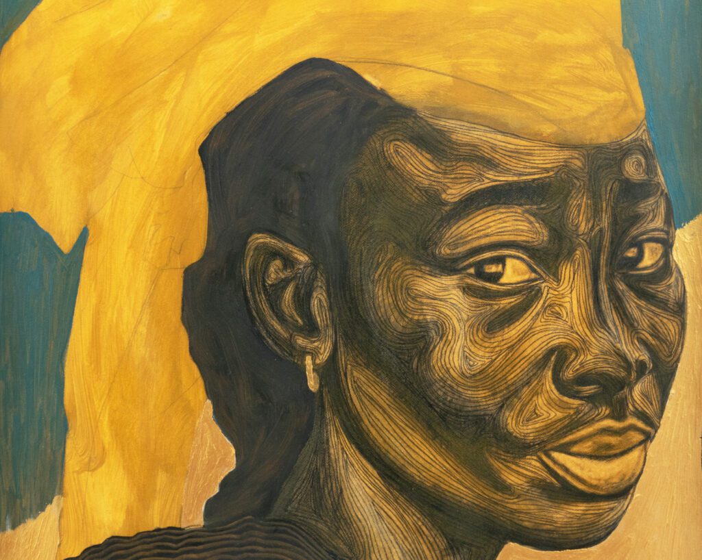 Collins Obijiaku, Yellow Scarf 2 (Detail), 2021, sheet size 100.1x79.8 cm (39.4x31.4 in). Photo PEPE Fotografia. Courtesy the artist and Luce Gallery, Turin