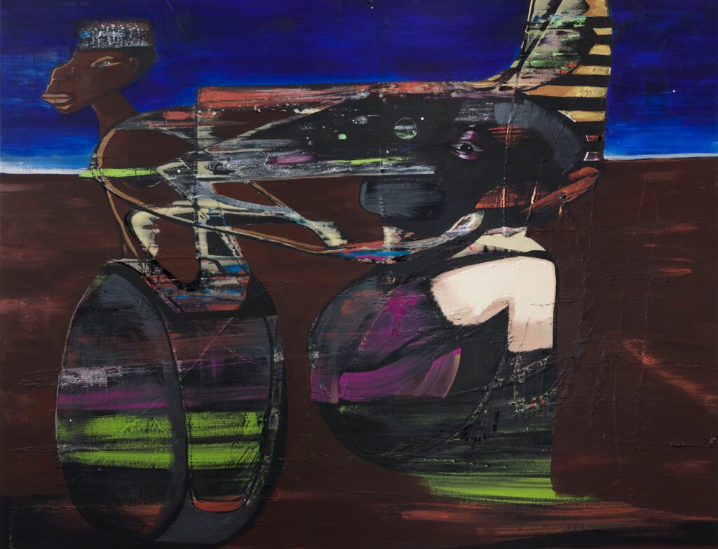 Forrest Kirk, Worlds Apart, 2021.  Acrylic, spray paint and gorilla glue on canvas, 48 x 60 in, 121.9 x 152.4 cm.