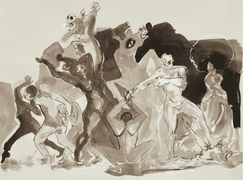 Kara Walker, 'merica 2016, 2018, From the series The Gross Clinician Presents: Pater Gravidam, graphite, sumi ink, gofun and gouache on paper, 56.52 x 76.2 cm, Kunstmuseum Basel, Kupferstichkabinett © Kara Walker	