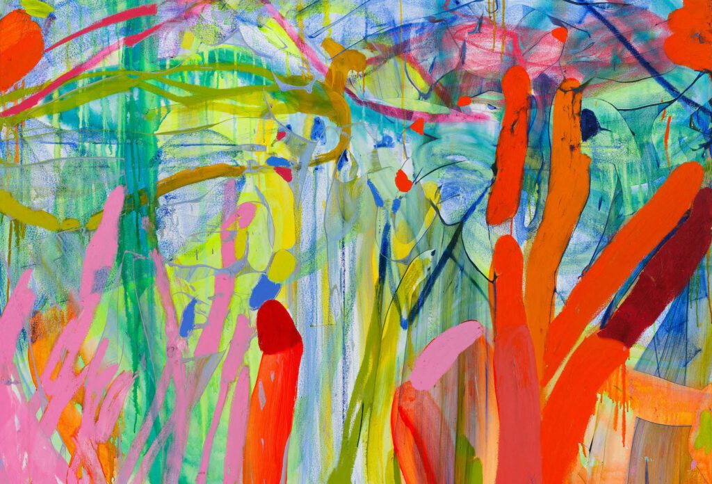 Jadé Fadojutimi, Phantoms come with a shadow of touch (Detail), 2021. Oil, oil bar, acrylic on canvas, 78.8 x 66.9 in. Courtesy the artist and Pippy Houldsworth Gallery, London.