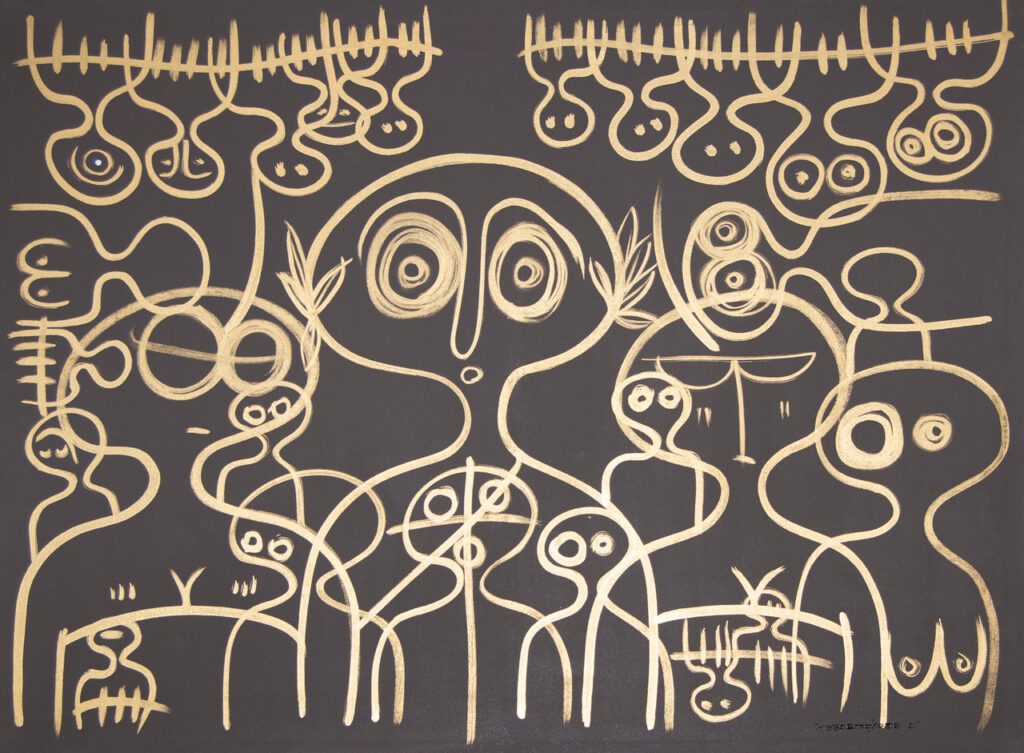 Isaac Emokpae, A King’s Dilemma 2021, Gold/gilding paint on canvas, 52 x 40 inches.