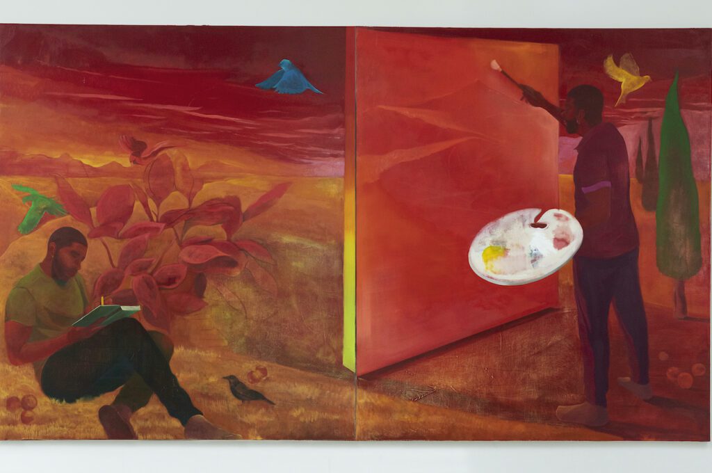 Dominic Chambers, The Warmth of Memory, 2021, oil on linen, 213.4x365.7 cm (84x144 in), Photo PEPE Fotografia, Courtesy the artist and Luce Gallery, Turin