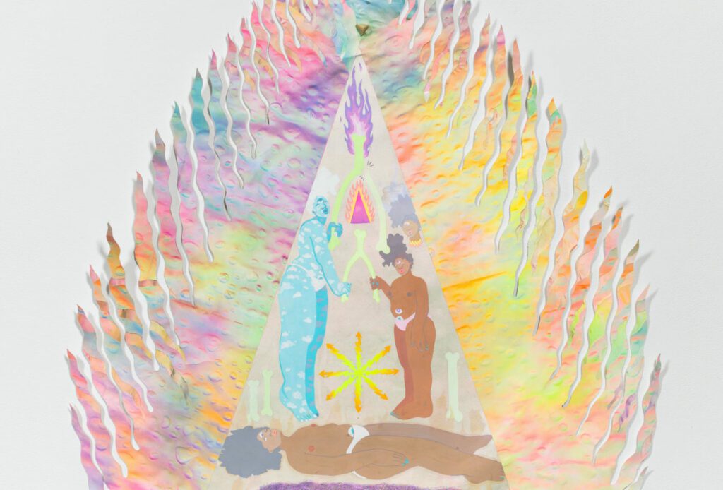 Amaryllis DeJesus Moleski, Graduation Day (Detail), 2021. Gouache, watercolor, acrylic, and collage on paper 50 1/2 x 49 1/2 inches. Courtesy Albertz Benda