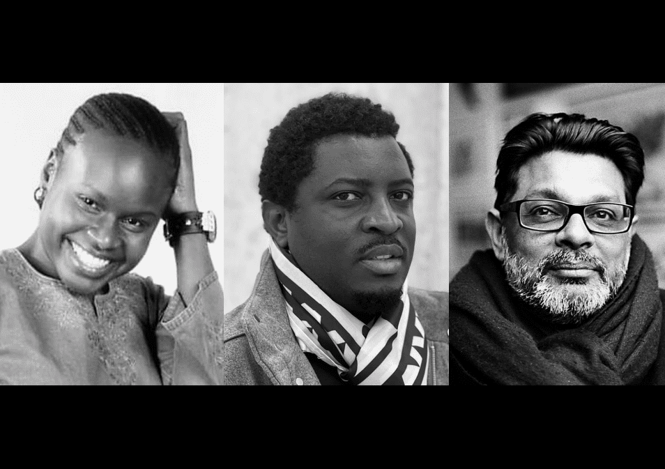 Artists Acaye Kerunen and Collin Sekajugo, and curator Shaheen Merali. 