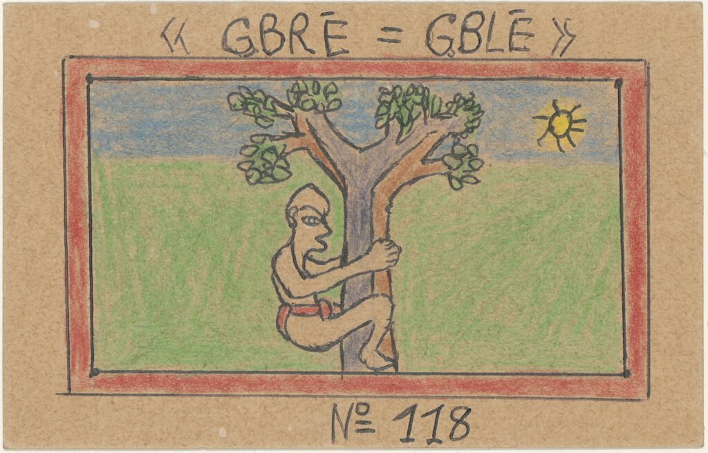 Frédéric Bruly Bouabré. « GBRÉ=GBLÉ » N° 118 from Alphabet Bété. 1991. Colored pencil, pencil, and ballpoint pen on board, 3 ⅞ × 5 ⅞” (9.8 × 14.9 cm). The Museum of Modern Art, New York. The Jean Pigozzi Collection of African Art. © 2022 Family of Frédéric Bruly Bouabré