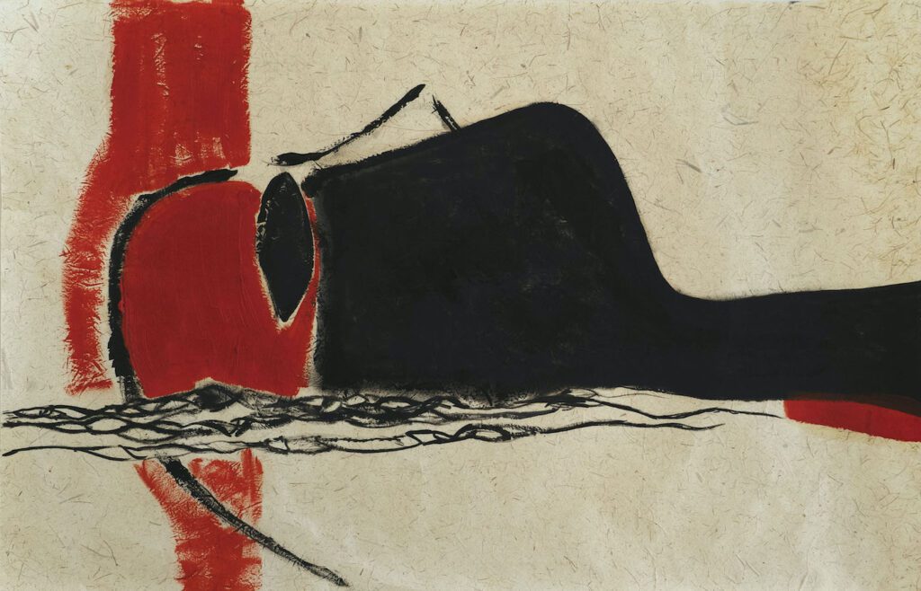 Emily Moore:
Whispering Series 2 , 2022. Oil paint on sugarcane paper 70 x 50 cm