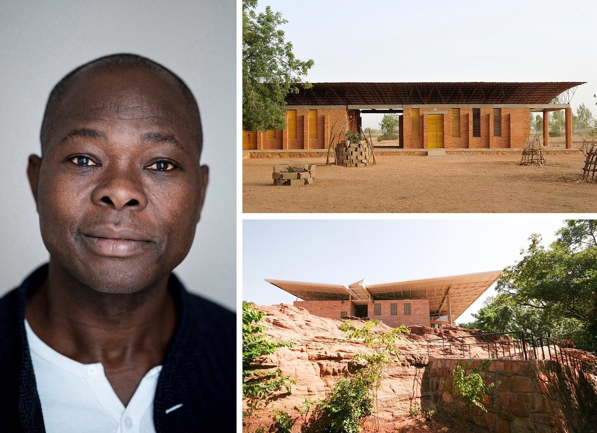 Clockwise: Diébédo Francis Kéré, photo courtesy of Lars Borges; Gando Primary School
2001, Gando, Burkina Faso. Photo courtesy of Erik-Jan Ouwerkerk; National Park of Mali, photo courtesy of Francis Kéré