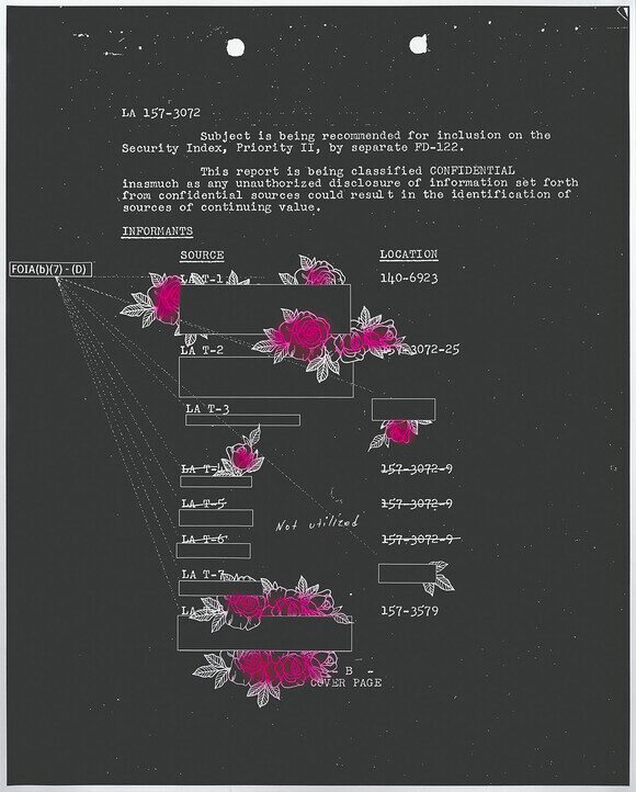 Sadie Barnette, FBI Drawings: Informants (Detail), 2021. Courtesy of Louisa Gloger, Kentfield, California.	