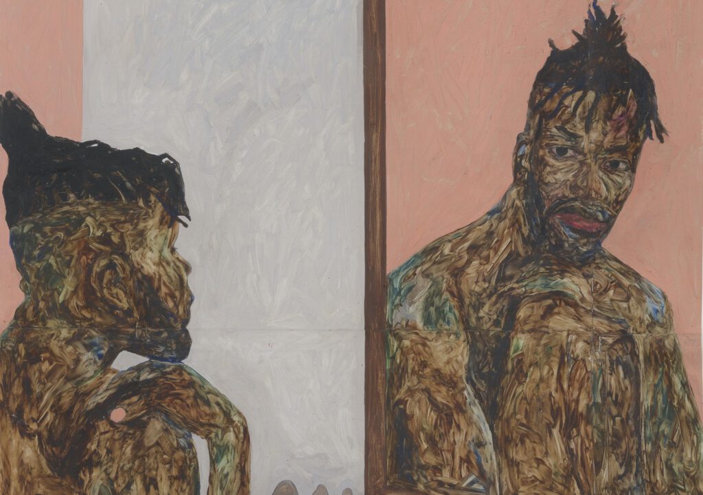 Amoako Boafo, Reflection I (detail), 2018. Oil on paper, 51 1/8 x 43 3/8 inches. Image and work courtesy Roberts Projects, Los Angeles and Private Collection.