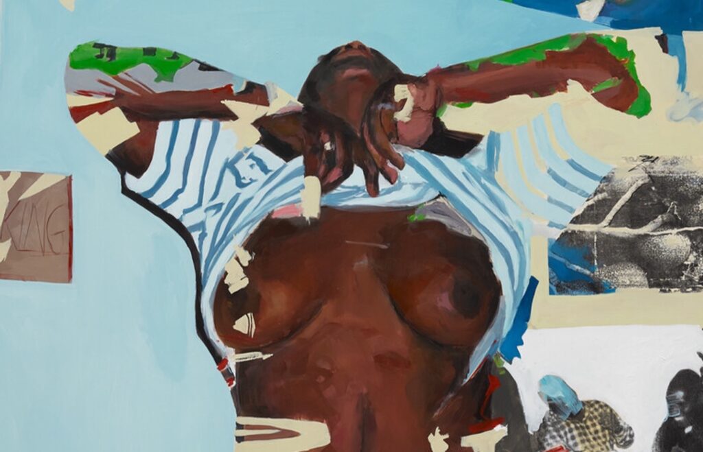 Kudzanai-Violet Hwami, Expiation, (Detail) 2021. Oil, acrylic, oil stick and silkscreen on canvas, 127.5 x 119.5 cm. © Kudzanai-Violet Hwami. Courtesy of the artist and Victoria Miro.