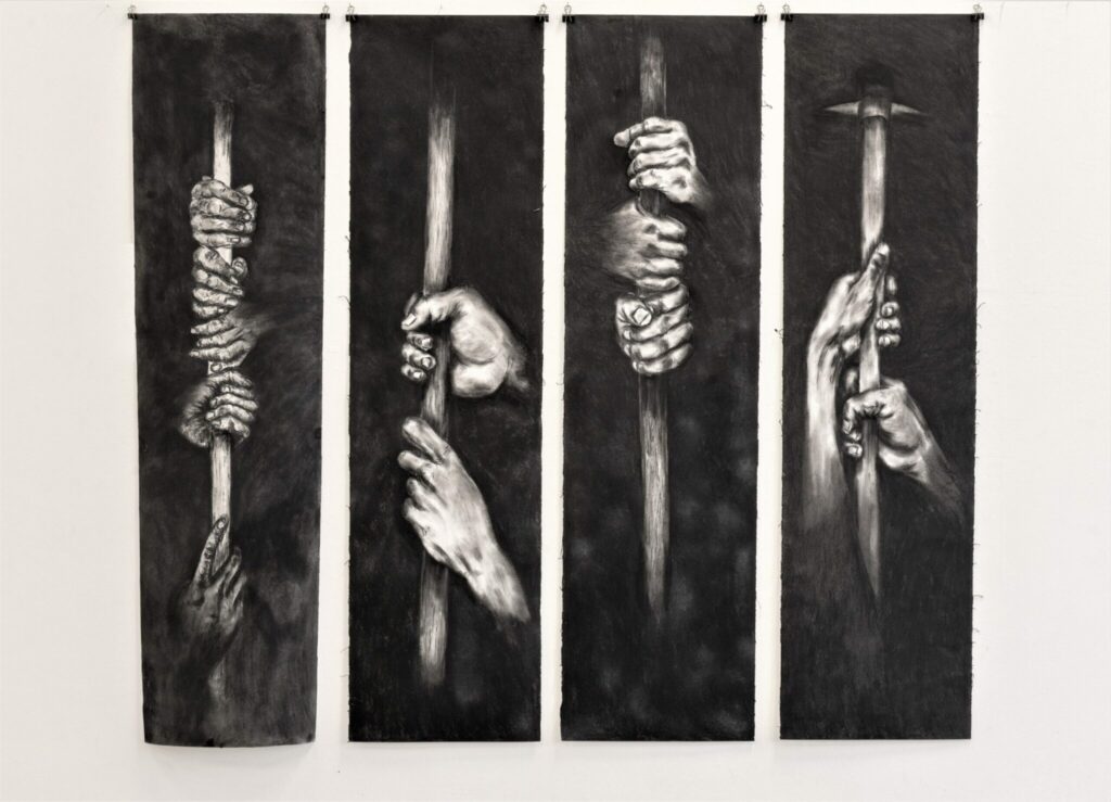 Kenneth Shandu, Asiyeni, Lets go for it, charcoal on paped, 2022.