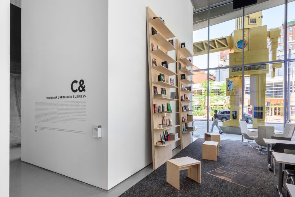 Installation view: C& Center of Unfinished Business, Contemporary Arts Center, Cincinnati. 
May 6 – August 28, 2022. Photo: Wes Battoclette.