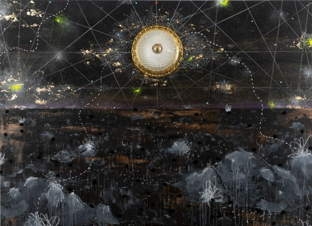 Michi Meko, Cucka Bugs: Cold Was The Ground. Barren Trails (Detail), 2022, acrylic, aerosol, oil pastel, gold leaf, aerosol hologram glitter, white colored pencil. India ink sequins, tassel, 4lb Mr Crappie Hi Viz mono lament, gouache, wood satin on panel, 75 x 73 in.