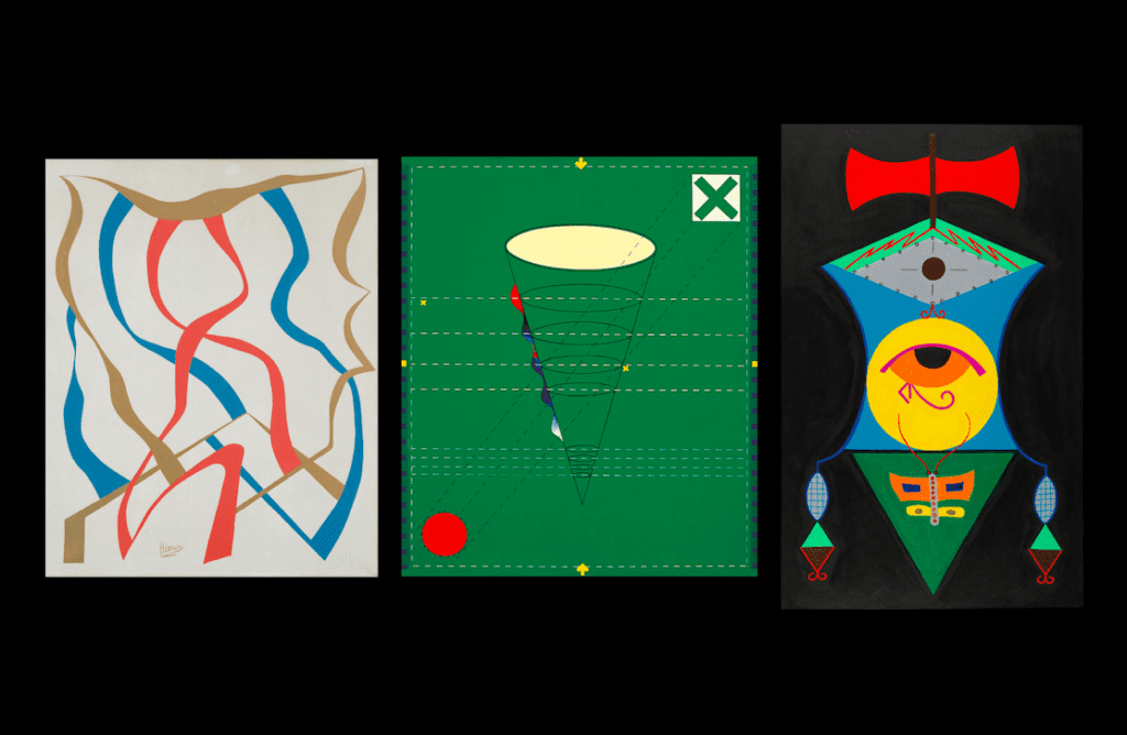 Sedje Hémon, Fête, 1957, oil on canvas, 93 x 77cm. Collection Sedje Hémon Foundation. Photo: Marjon Gemmeke; Imran Mir, Eighth Paper on Modern Art, 1996, acrylic on canvas, 183 x 154cm. Collection Imran Mir Art Foundation; Abdias Nascimento, Afro Standard
