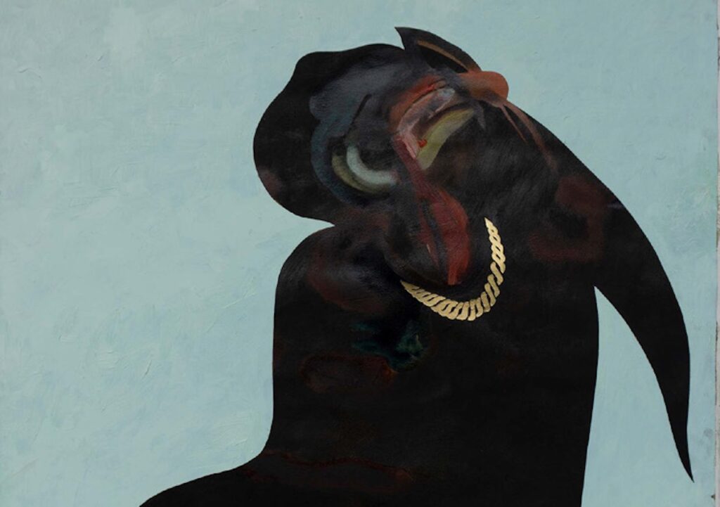 Leasho Johnson, Needle-eye (Detail), 2021. Charcoal, watercolor, distemper, logwood dye, oil, collage, gesso on paper mounted on canvas, 52 x 34 x 1 3/4 inches. Courtesy of the artist and TERN Gallery