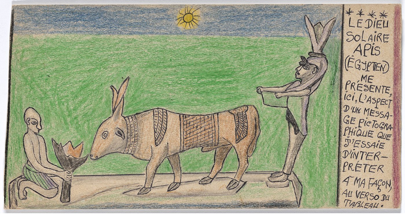 Frédéric Bruly Bouabré. Le Dieu Solaire APIS (Égyptien) me présente, ici, l’aspect d’un message pictographique que j’essaie d’interpréter à ma façon, au verso du tableau from Connaissance du monde. 1991. Colored pencil and ballpoint pen on board, 6 ⅜ × 12 ⅜” (16.2 × 31.5 cm). The Museum of Modern Art, New York. The Jean Pigozzi Collection of African Art. © 2022 Family of Frédéric Bruly Bouabré
