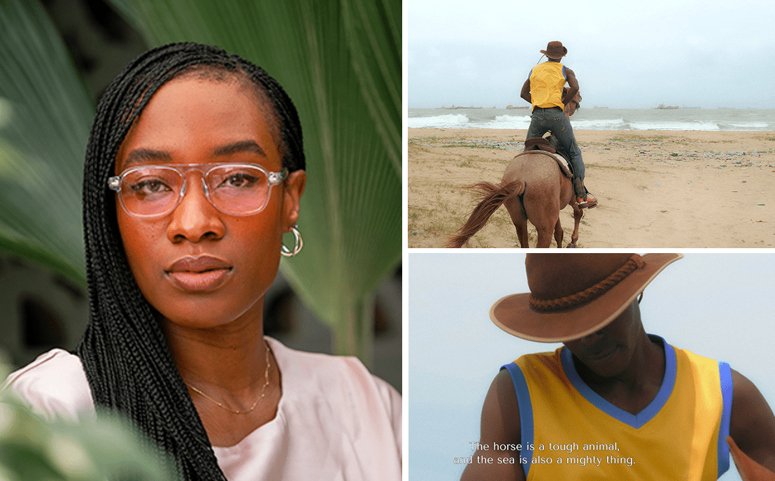 (Clockwise) Karimah Ashadu. Portrait by Aigberadion Israel Ikhazuangbe; Film Still Detail 