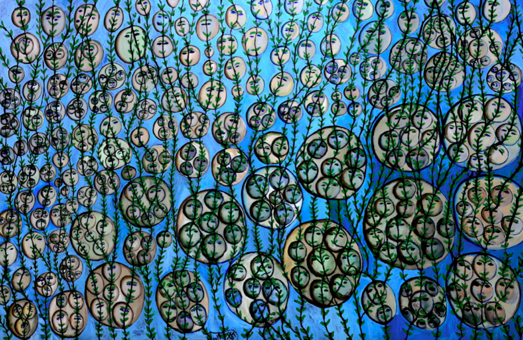 Kamala Ibrahim Ishag, Blues for the Martyrs, 2022. Oil on canvas, 203 x 300cm. Courtesy the artist. Photo: Mohamed Noureldin Abdallah Ahmed. © Kamala Ibrahim Ishag